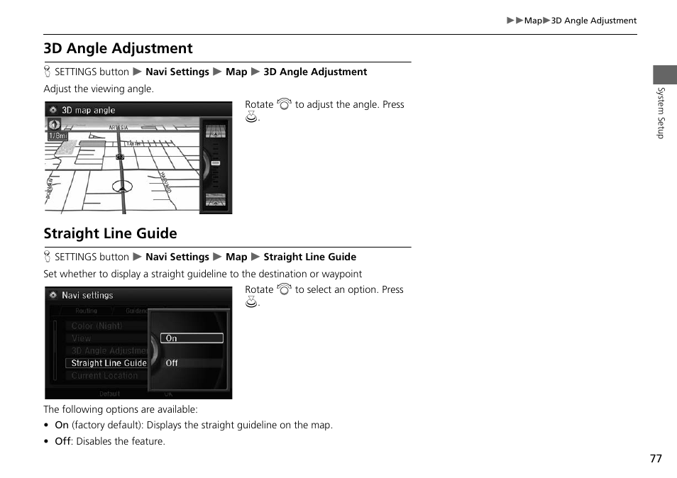 3d angle adjustment straight line guide, 3d angle adjustment, P. 77 | Straight line guide | Acura 2015 MDX - Navigation Manual (Without Software Update) Ver. ST02 User Manual | Page 78 / 341