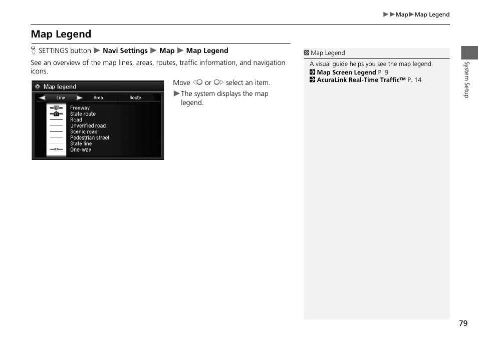 Map legend, P. 79 | Acura 2015 MDX - Navigation Manual (Without Software Update) Ver. ST02 User Manual | Page 80 / 341