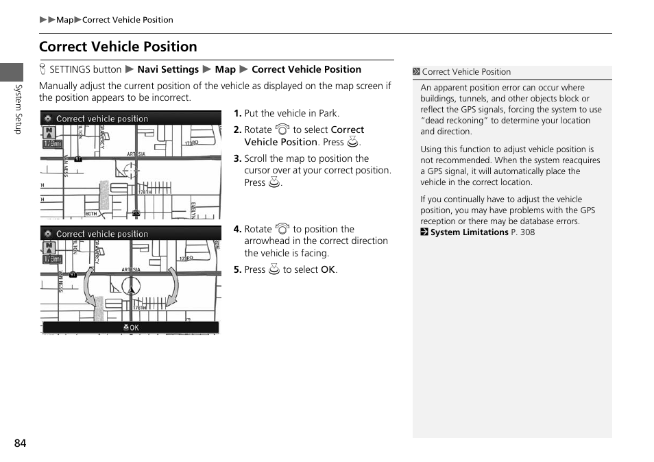 Correct vehicle position, P. 84 | Acura 2015 MDX - Navigation Manual (Without Software Update) Ver. ST02 User Manual | Page 85 / 341