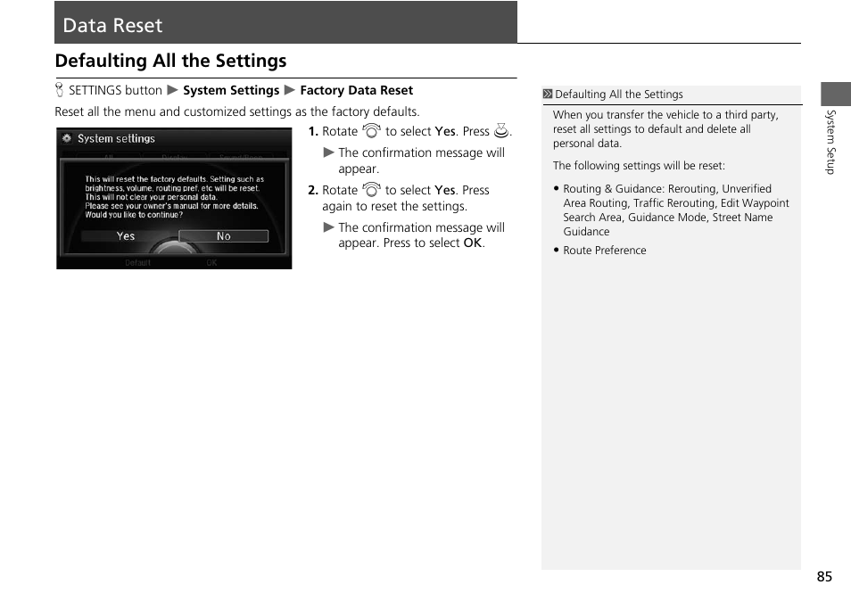 Data reset 85, Data reset, Defaulting all the settings | Acura 2015 MDX - Navigation Manual (Without Software Update) Ver. ST02 User Manual | Page 86 / 341