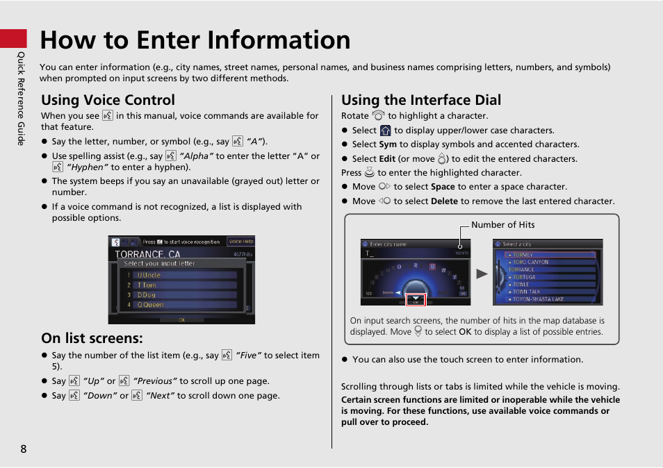 How to enter information, Using voice control, On list screens | Using the interface dial | Acura 2015 MDX - Navigation Manual (Without Software Update) Ver. ST02 User Manual | Page 9 / 341
