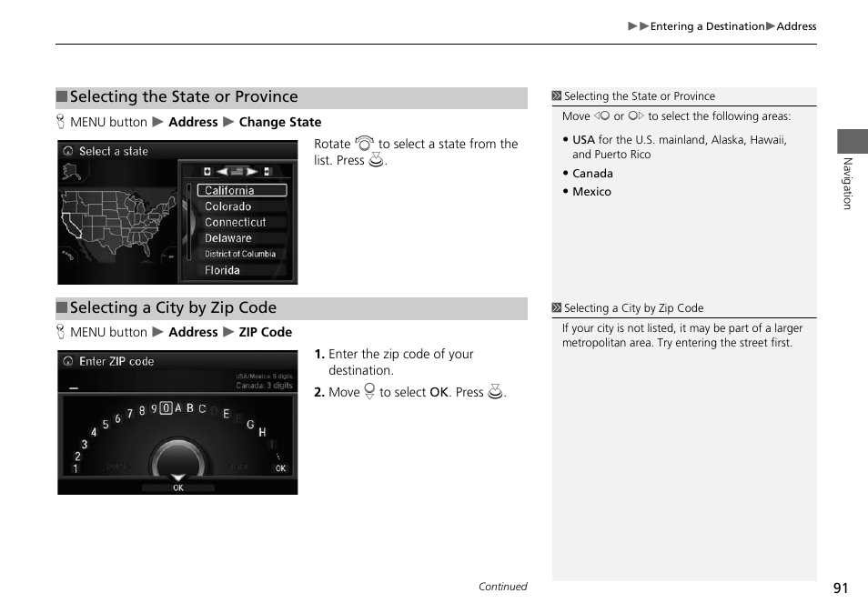 2 selecting a city by zip code, P. 91, 2 selecting the state or province | Selecting the state or province, Selecting a city by zip code | Acura 2015 MDX - Navigation Manual (Without Software Update) Ver. ST02 User Manual | Page 92 / 341