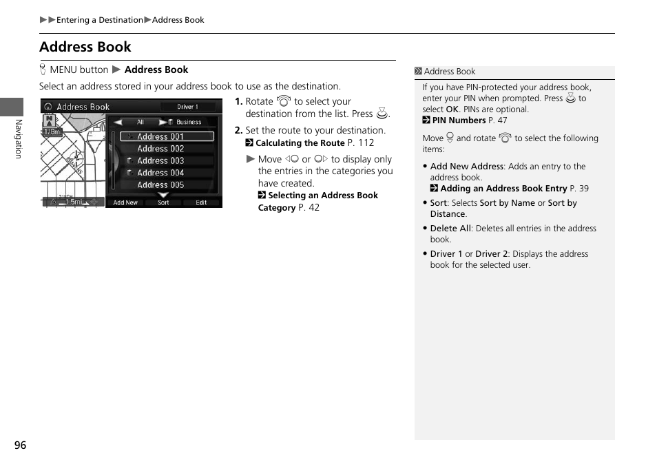 Address book, 2 address book, P. 96 | Acura 2015 MDX - Navigation Manual (Without Software Update) Ver. ST02 User Manual | Page 97 / 341