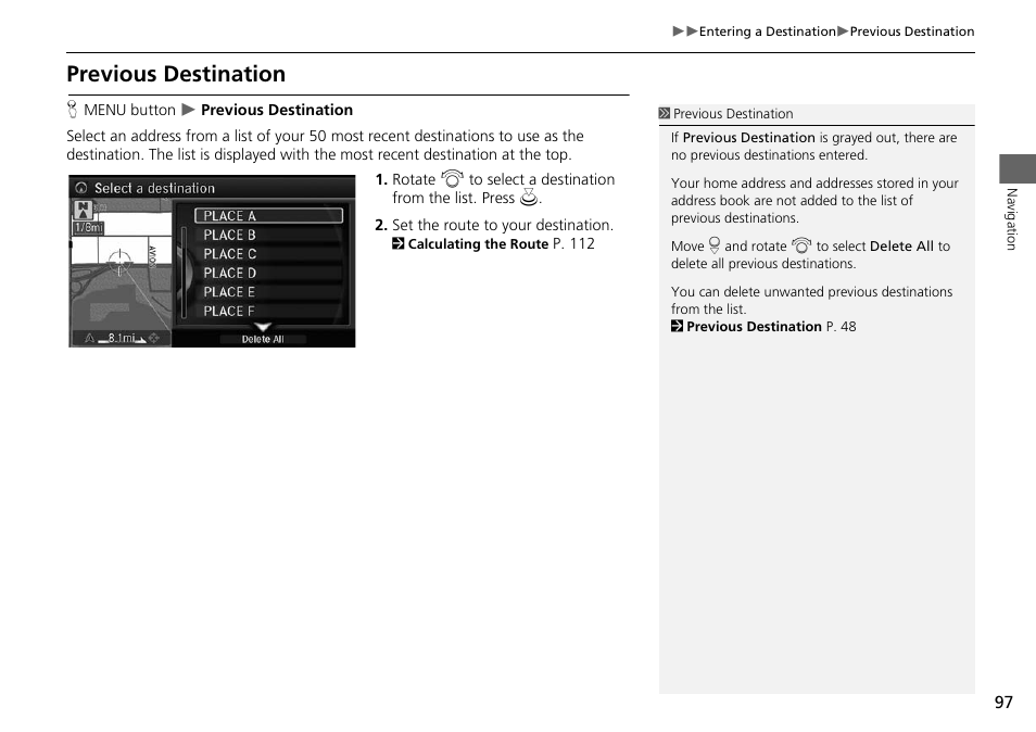 Previous destination, P. 97, 2 previous destination | Acura 2015 MDX - Navigation Manual (Without Software Update) Ver. ST02 User Manual | Page 98 / 341