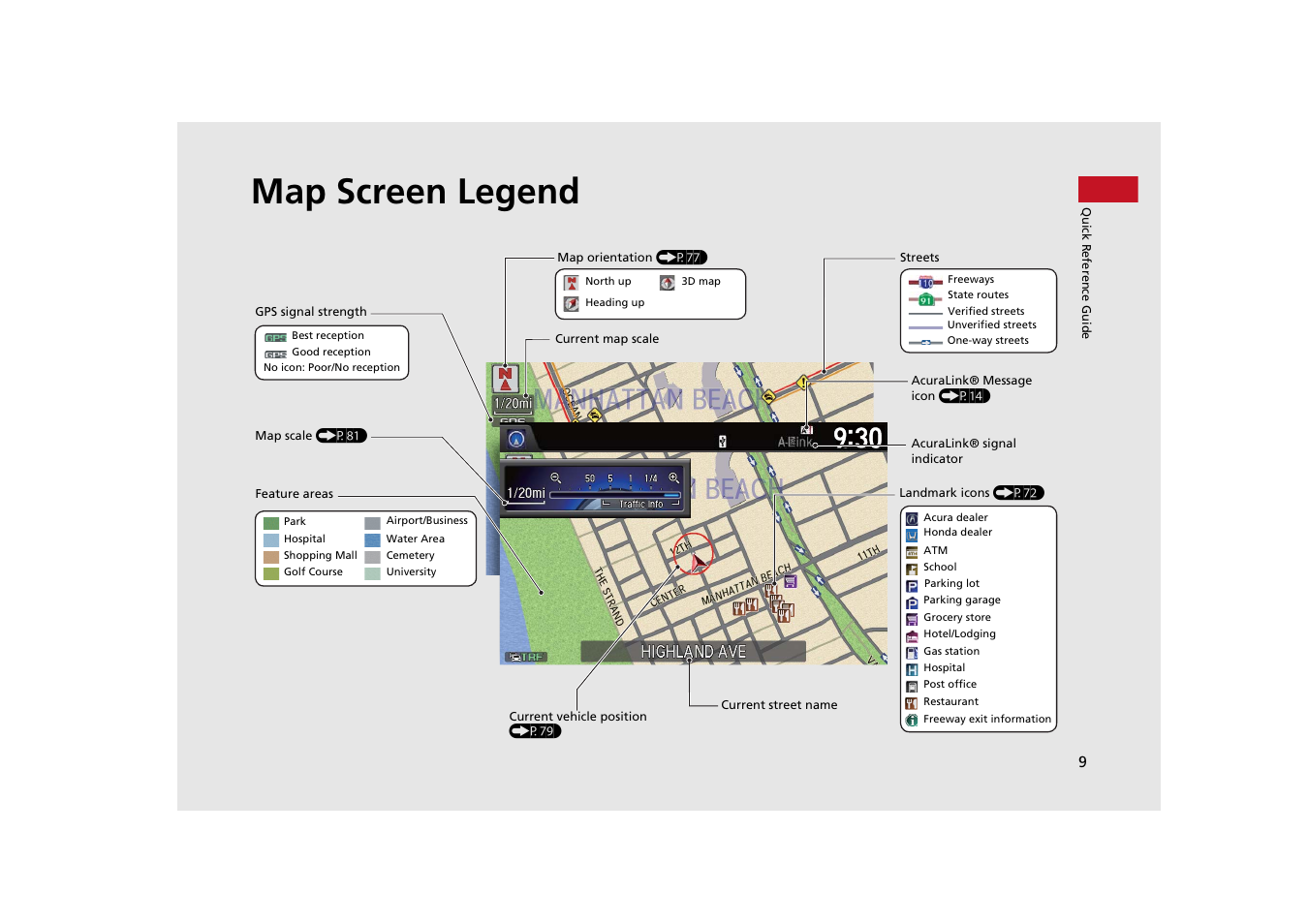 Map screen legend | Acura 2015 MDX - Navigation Manual (With Software Update) Ver. ST03 User Manual | Page 10 / 349