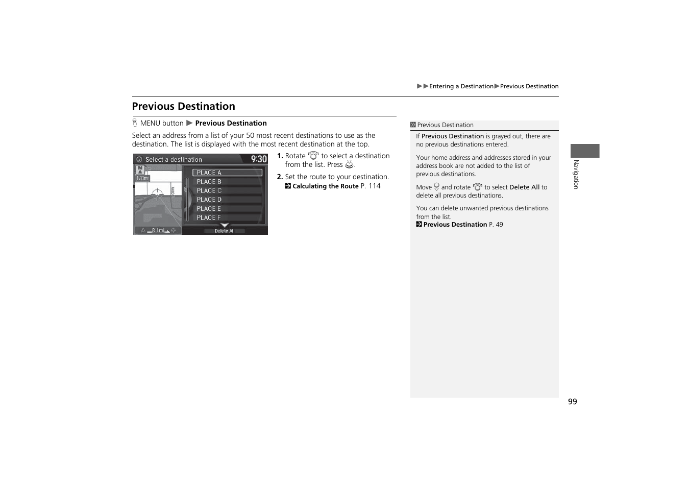 Select a previous destination, Previous destination, P. 99 | 2 previous destination | Acura 2015 MDX - Navigation Manual (With Software Update) Ver. ST03 User Manual | Page 100 / 349