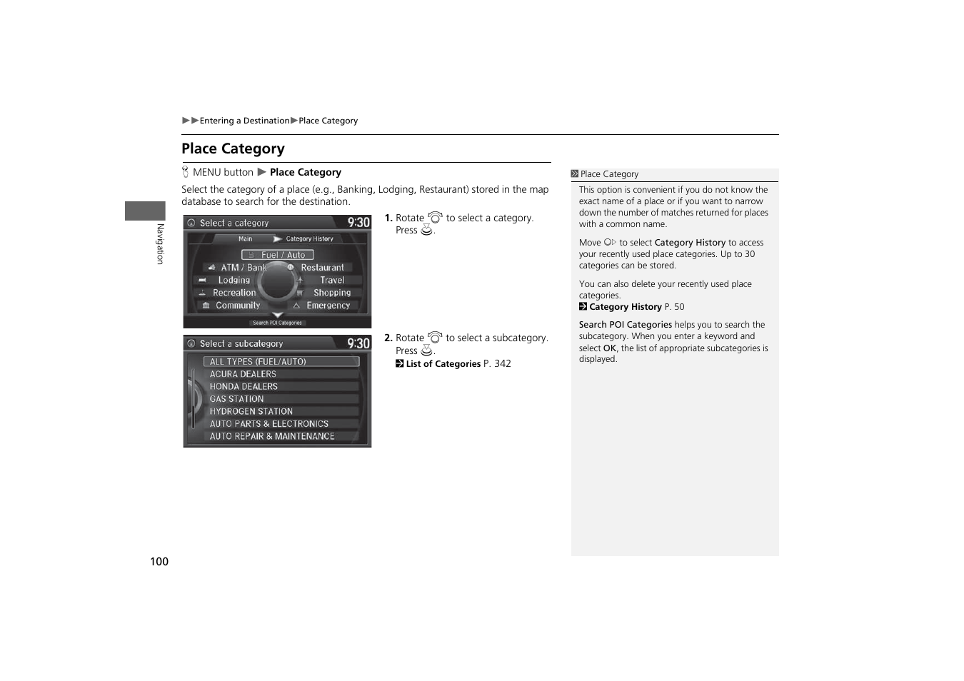 Place category, P. 100, 2 place category | Acura 2015 MDX - Navigation Manual (With Software Update) Ver. ST03 User Manual | Page 101 / 349