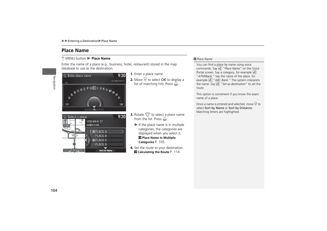 Place name, P. 104, 2 place name | Acura 2015 MDX - Navigation Manual (With Software Update) Ver. ST03 User Manual | Page 105 / 349