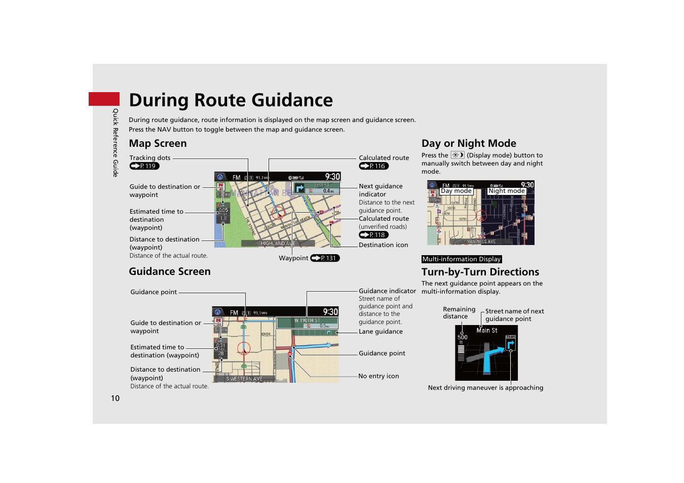 During route guidance, Map screen guidance screen, Day or night mode | Turn-by-turn directions | Acura 2015 MDX - Navigation Manual (With Software Update) Ver. ST03 User Manual | Page 11 / 349
