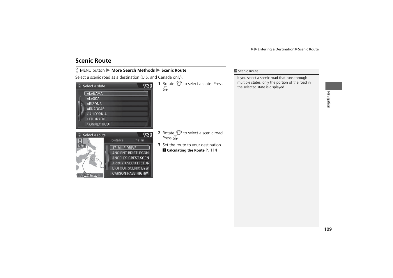 Scenic route, 2 scenic route, P. 109 | Acura 2015 MDX - Navigation Manual (With Software Update) Ver. ST03 User Manual | Page 110 / 349