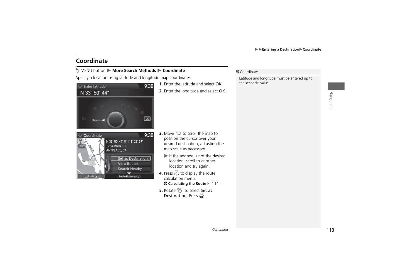 Coordinate, 2 coordinate, P. 113 | Acura 2015 MDX - Navigation Manual (With Software Update) Ver. ST03 User Manual | Page 114 / 349