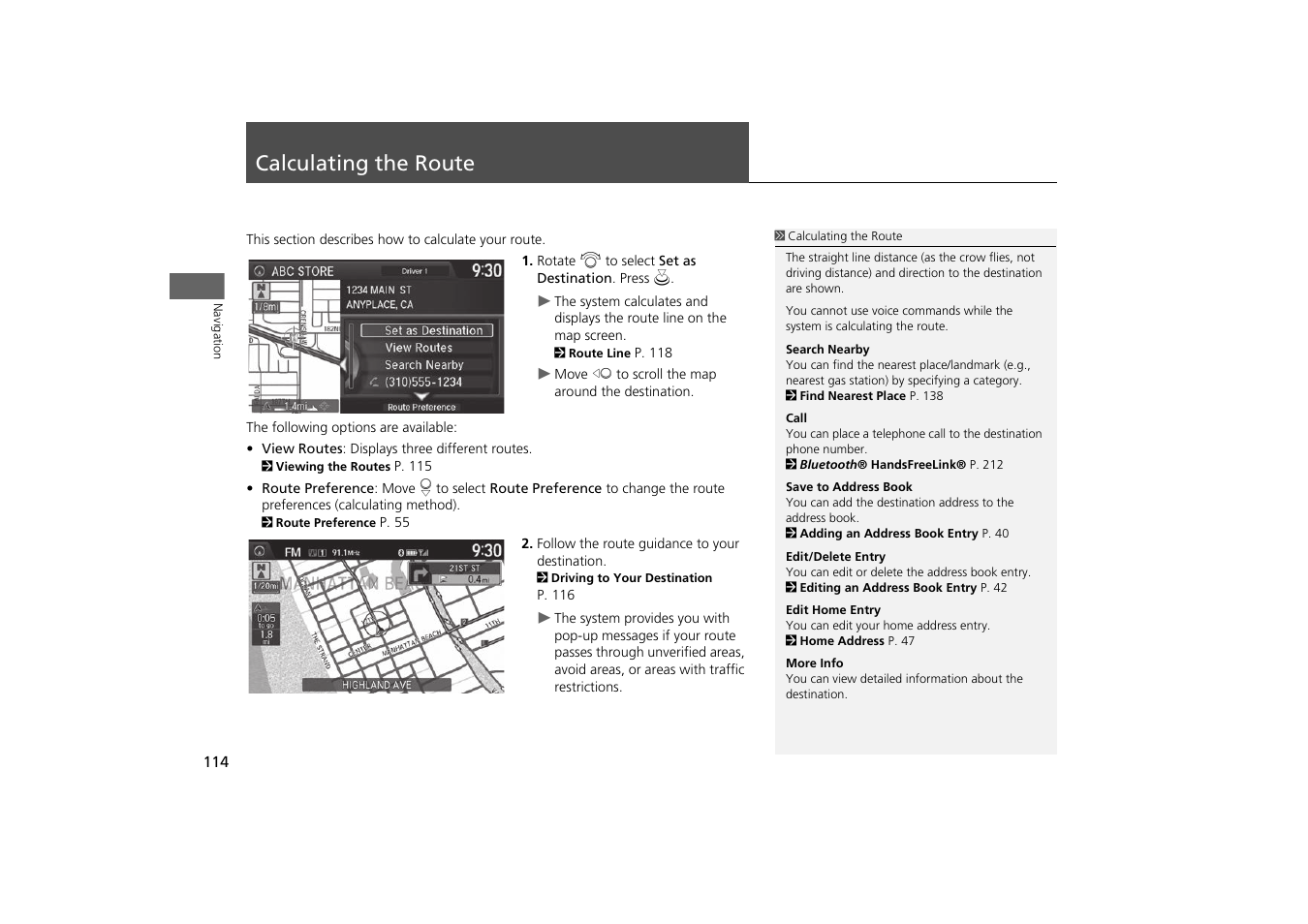 Calculating the route 114, Calculating the route, 2 calculating the route | P. 114, Ination, Ation | Acura 2015 MDX - Navigation Manual (With Software Update) Ver. ST03 User Manual | Page 115 / 349