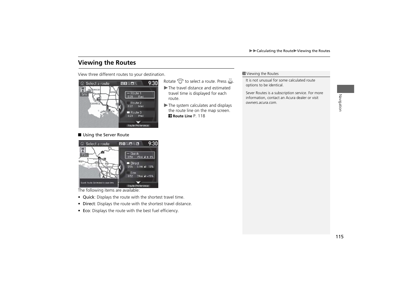 P115), Viewing the routes, 2 viewing the routes | P. 115 | Acura 2015 MDX - Navigation Manual (With Software Update) Ver. ST03 User Manual | Page 116 / 349