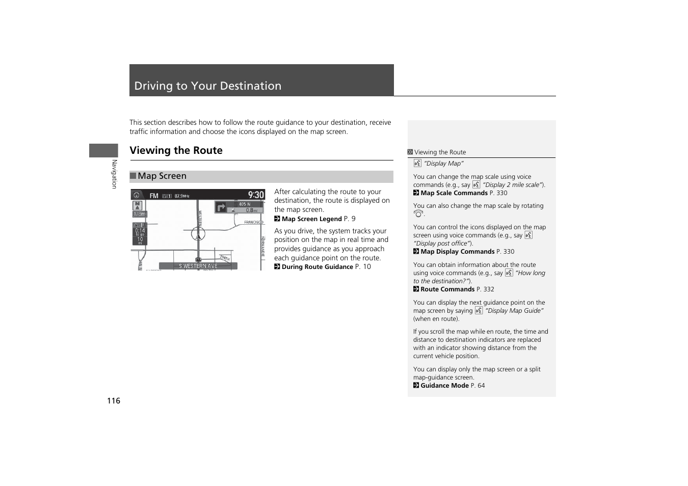 Driving to your destination 116, P116), Driving to your destination | Viewing the route, 2 driving to your destination, P. 116 | Acura 2015 MDX - Navigation Manual (With Software Update) Ver. ST03 User Manual | Page 117 / 349