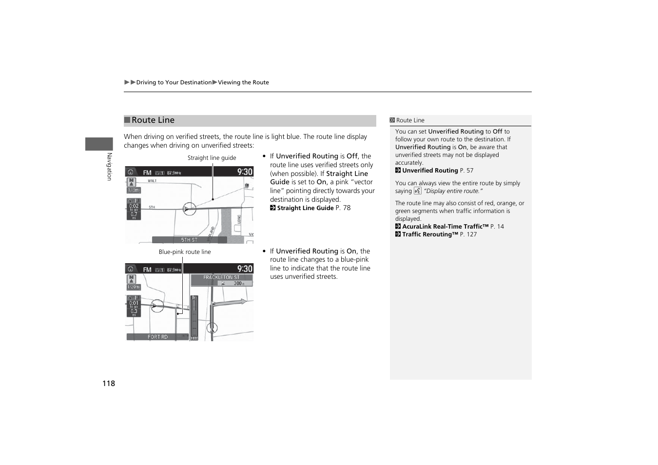 P118), P screen, 2 route line | P. 118 | Acura 2015 MDX - Navigation Manual (With Software Update) Ver. ST03 User Manual | Page 119 / 349