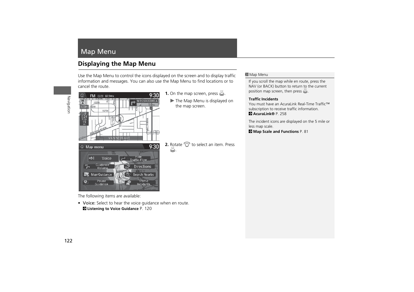 Map menu 122, Map menu, Displaying the map menu | 2 map menu, P. 122 | Acura 2015 MDX - Navigation Manual (With Software Update) Ver. ST03 User Manual | Page 123 / 349