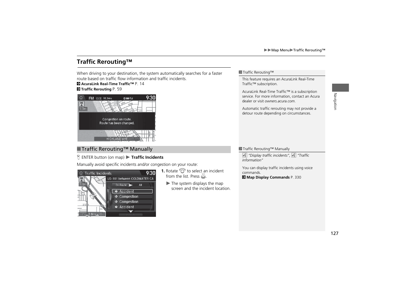 P127), Traffic rerouting, P. 127 | 2 traffic rerouting™ p. 127, 2 traffic rerouting | Acura 2015 MDX - Navigation Manual (With Software Update) Ver. ST03 User Manual | Page 128 / 349