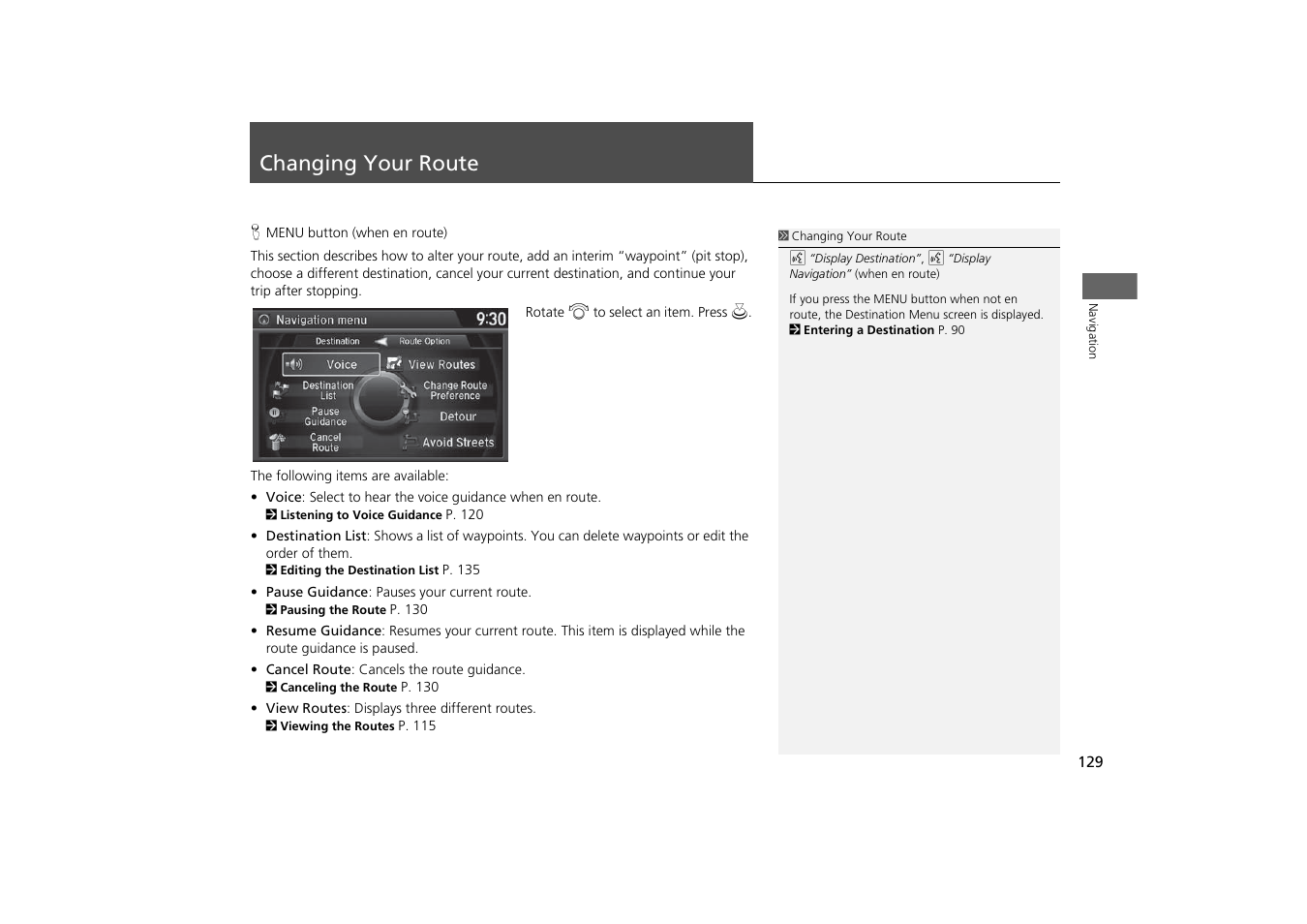 Changing your route 129, Changing your route, 2 changing your route p. 129 | 2 changing your route, P. 129 | Acura 2015 MDX - Navigation Manual (With Software Update) Ver. ST03 User Manual | Page 130 / 349