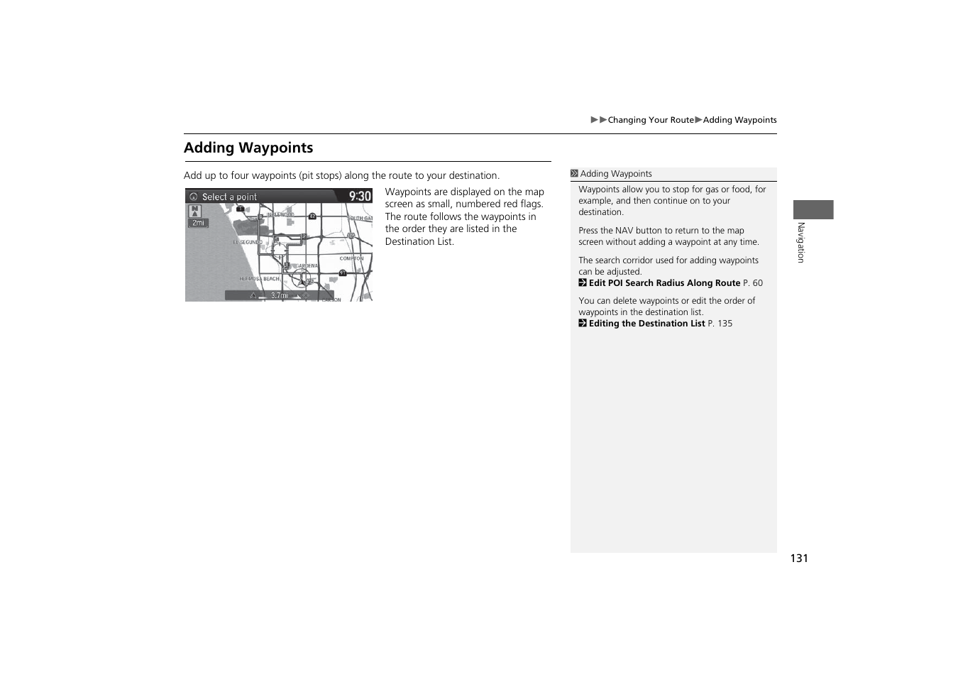 P131), Adding waypoints | Acura 2015 MDX - Navigation Manual (With Software Update) Ver. ST03 User Manual | Page 132 / 349