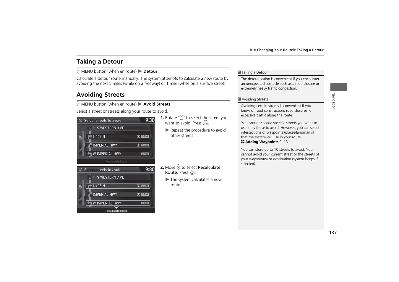 P137), Taking a detour avoiding streets, 2 avoiding streets p. 137 | 2 taking a detour, P. 137, Our route, 2 avoiding streets, Taking a detour, Avoiding streets | Acura 2015 MDX - Navigation Manual (With Software Update) Ver. ST03 User Manual | Page 138 / 349