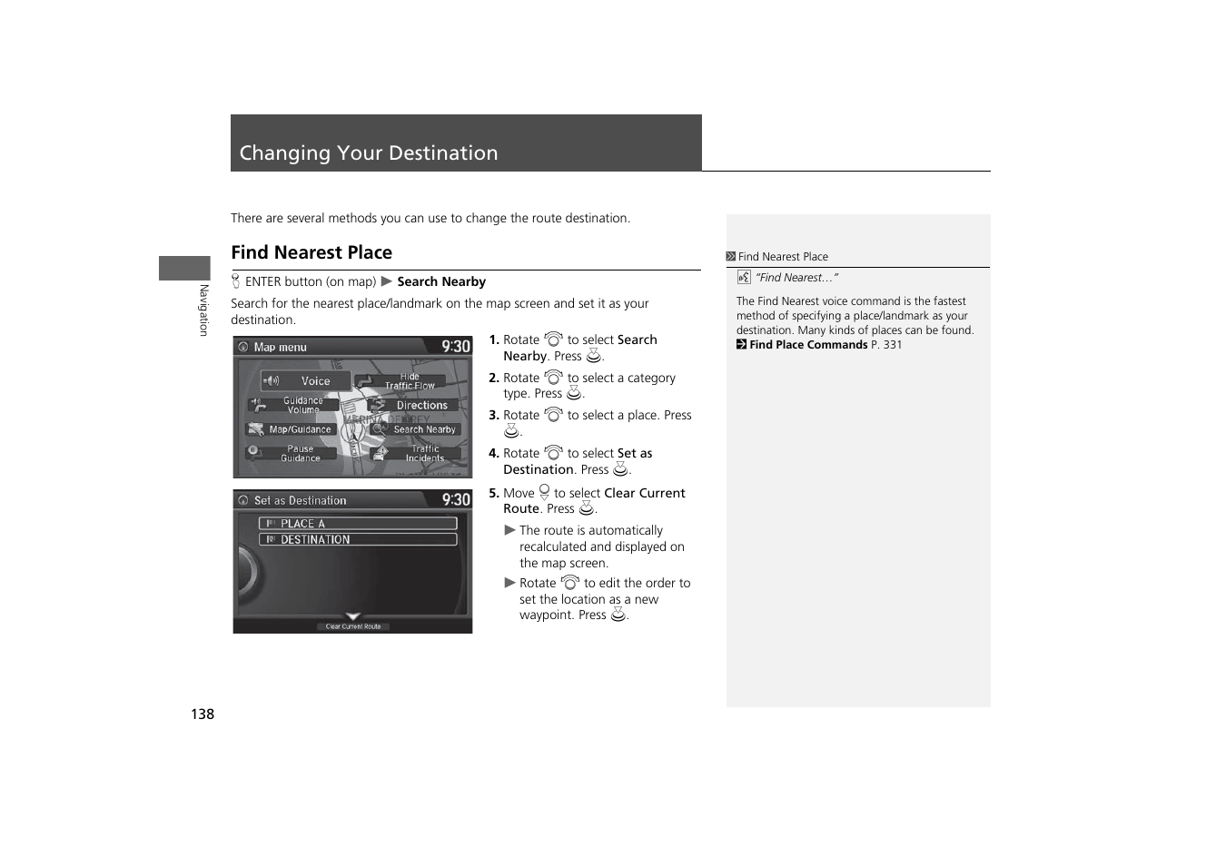 Changing your destination 138, P138), Changing your destination | Find nearest place, 2 find nearest place p. 138, 2 find nearest place, P. 138 | Acura 2015 MDX - Navigation Manual (With Software Update) Ver. ST03 User Manual | Page 139 / 349