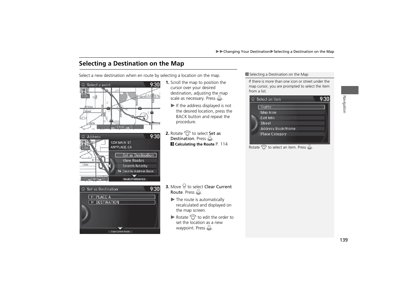 P139), Selecting a destination on the map | Acura 2015 MDX - Navigation Manual (With Software Update) Ver. ST03 User Manual | Page 140 / 349