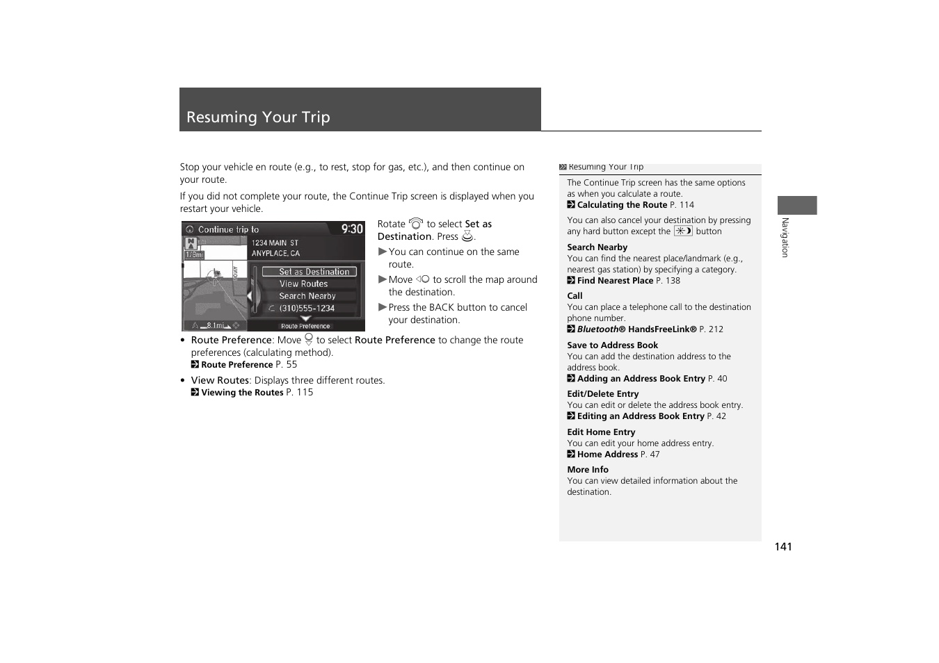 Resuming your trip 141, Resuming your trip, 2 resuming your trip | P. 141 | Acura 2015 MDX - Navigation Manual (With Software Update) Ver. ST03 User Manual | Page 142 / 349