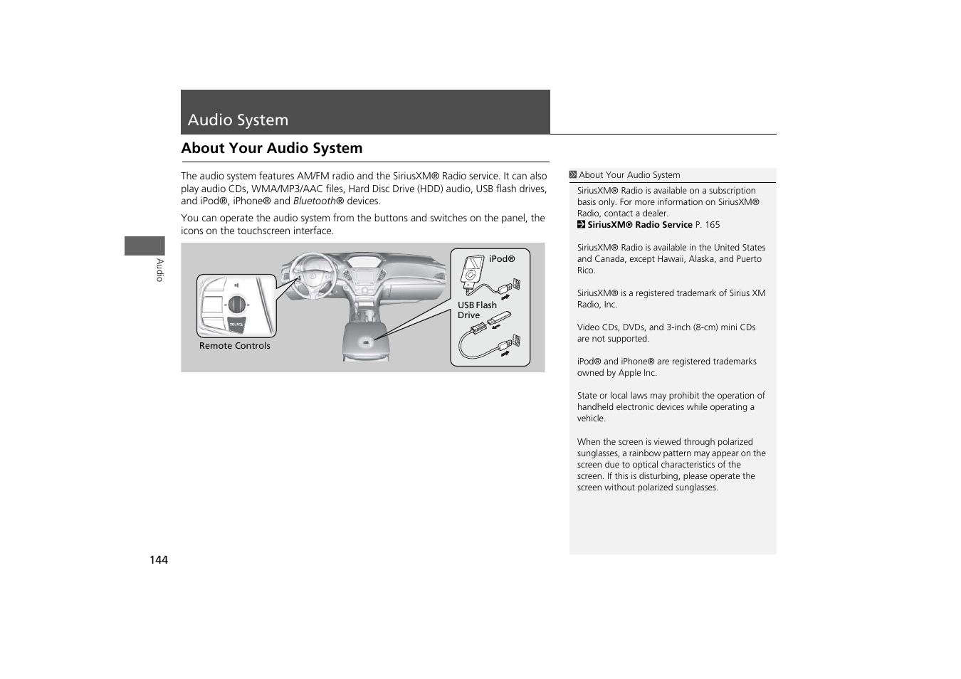Audio system 144, P144), Audio system | About your audio system | Acura 2015 MDX - Navigation Manual (With Software Update) Ver. ST03 User Manual | Page 145 / 349