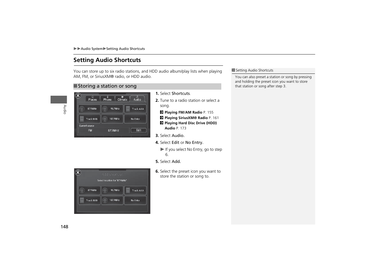 P148), Setting audio shortcuts | Acura 2015 MDX - Navigation Manual (With Software Update) Ver. ST03 User Manual | Page 149 / 349