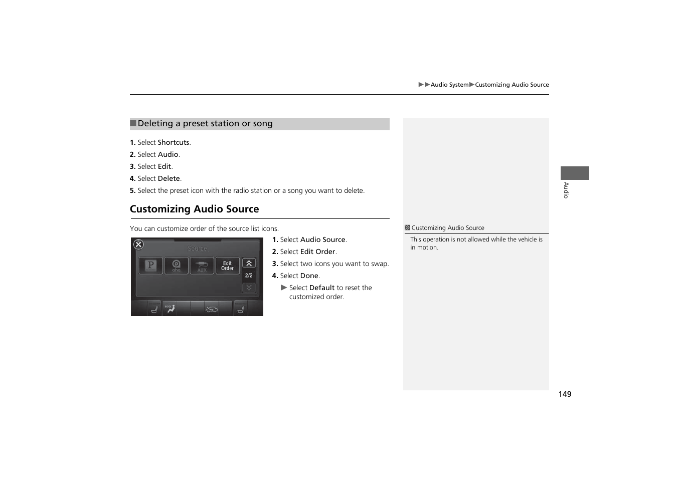 Customizing audio source | Acura 2015 MDX - Navigation Manual (With Software Update) Ver. ST03 User Manual | Page 150 / 349