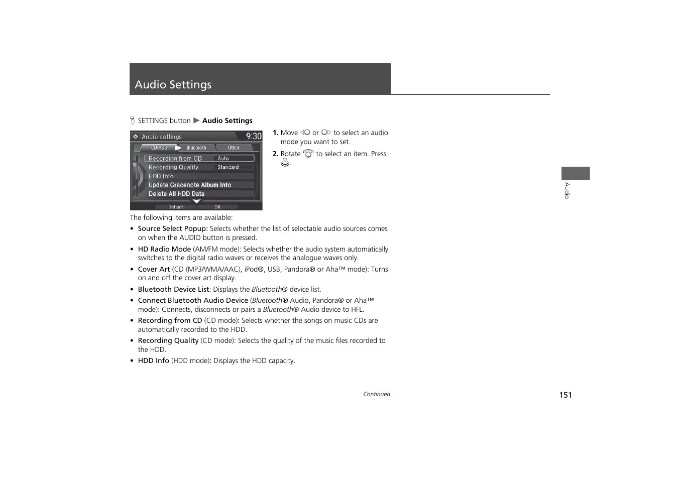 Audio settings 151, Audio settings | Acura 2015 MDX - Navigation Manual (With Software Update) Ver. ST03 User Manual | Page 152 / 349