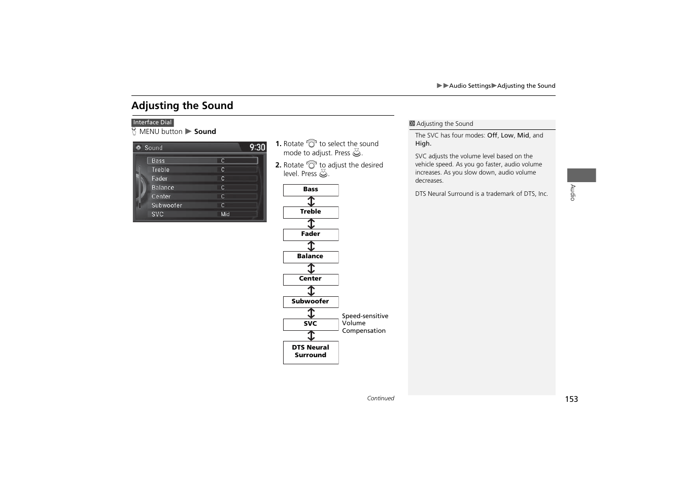 Adjusting the sound | Acura 2015 MDX - Navigation Manual (With Software Update) Ver. ST03 User Manual | Page 154 / 349