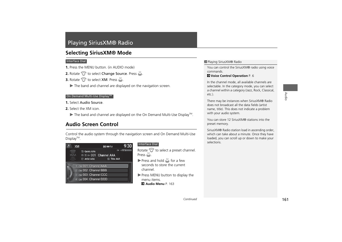 Playing siriusxm® radio 161, P161), Playing siriusxm® radio | Selecting siriusxm® mode audio screen control, Playing siriusxm® radio p. 161, Selecting siriusxm® mode, Audio screen control | Acura 2015 MDX - Navigation Manual (With Software Update) Ver. ST03 User Manual | Page 162 / 349