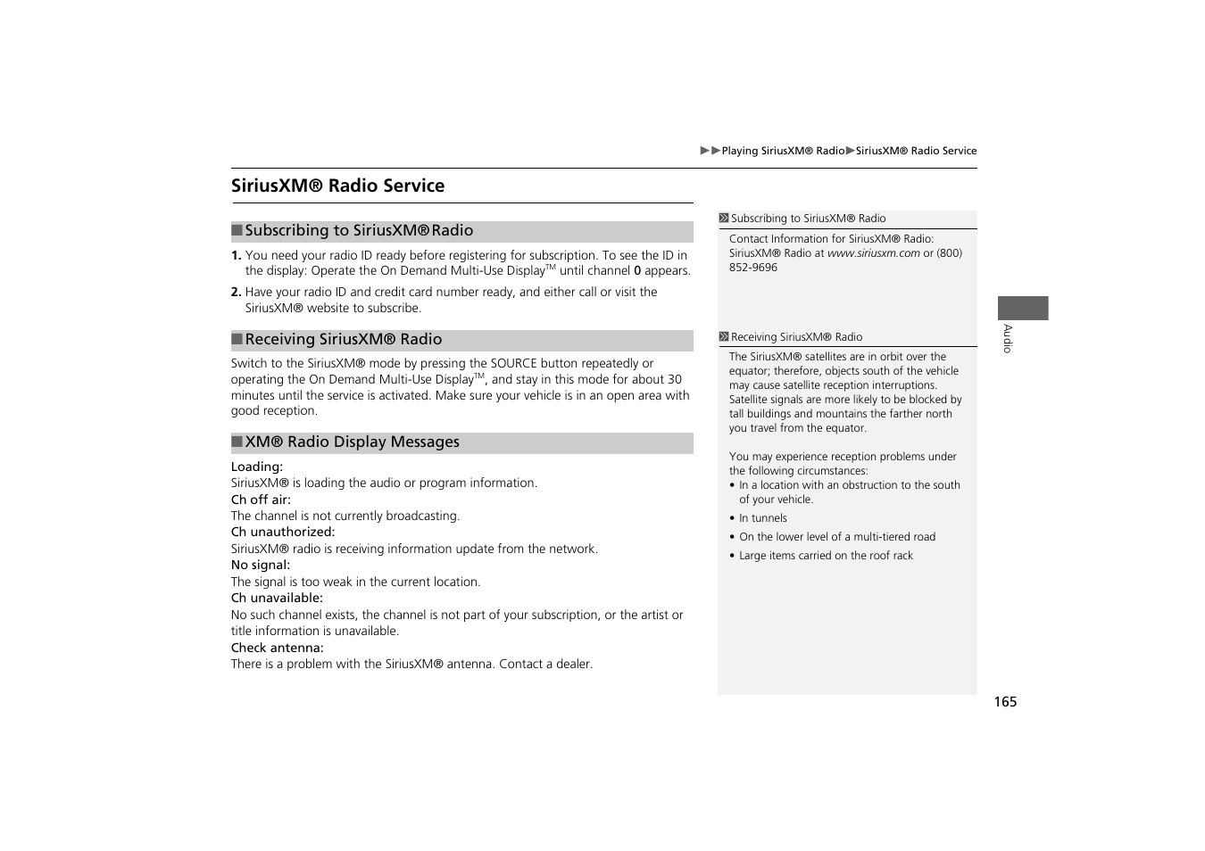 Siriusxm® radio service | Acura 2015 MDX - Navigation Manual (With Software Update) Ver. ST03 User Manual | Page 166 / 349