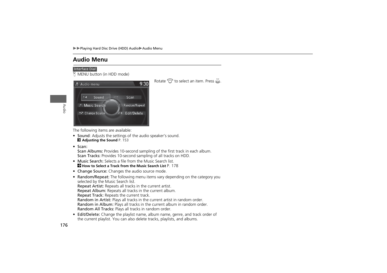 Audio menu | Acura 2015 MDX - Navigation Manual (With Software Update) Ver. ST03 User Manual | Page 177 / 349