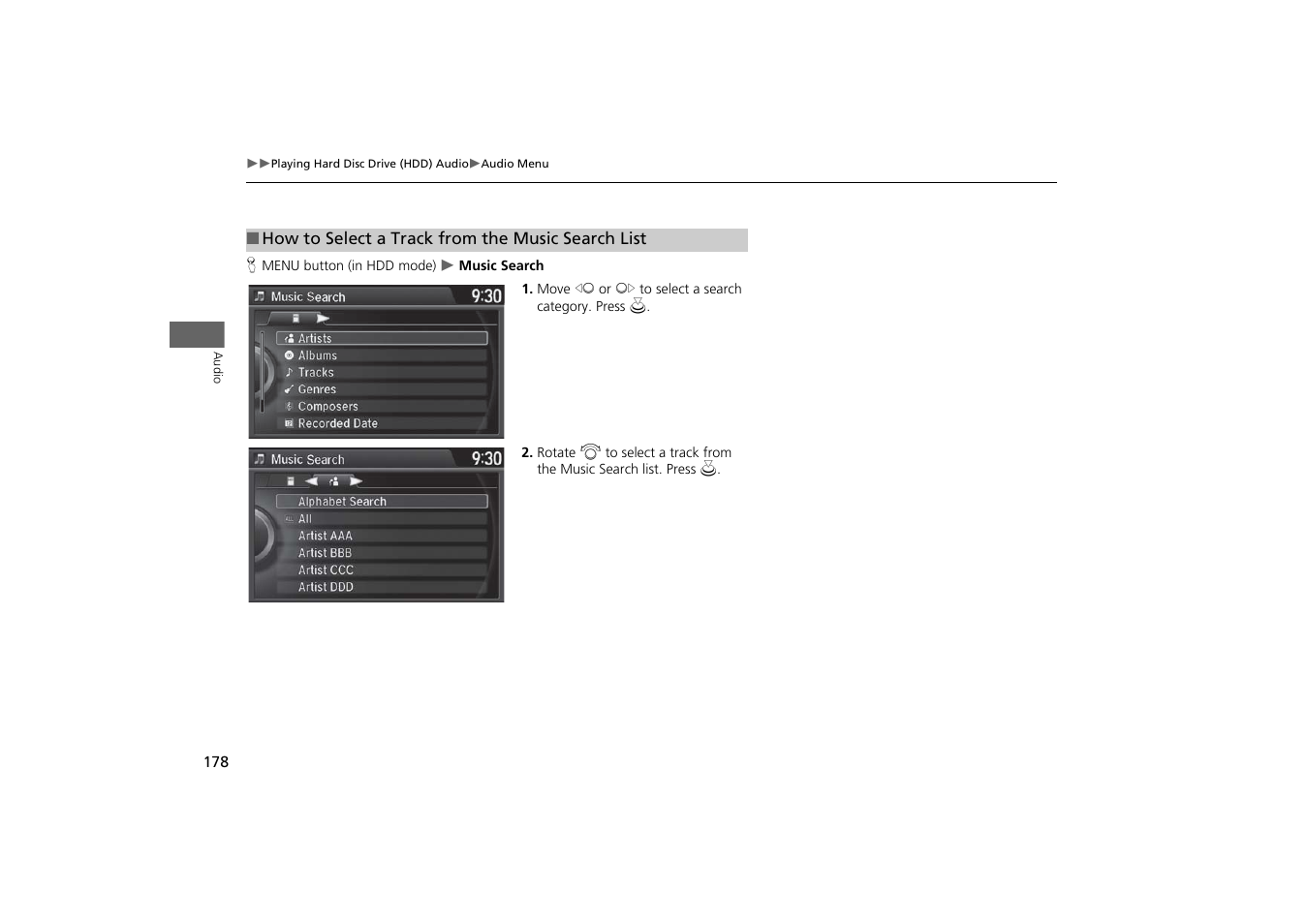 How to select a track from the music search list, P. 178 | Acura 2015 MDX - Navigation Manual (With Software Update) Ver. ST03 User Manual | Page 179 / 349