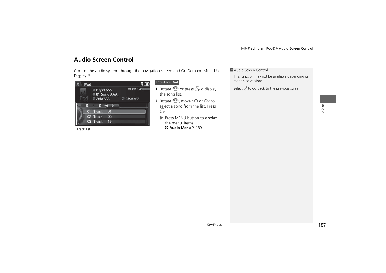 Audio screen control | Acura 2015 MDX - Navigation Manual (With Software Update) Ver. ST03 User Manual | Page 188 / 349