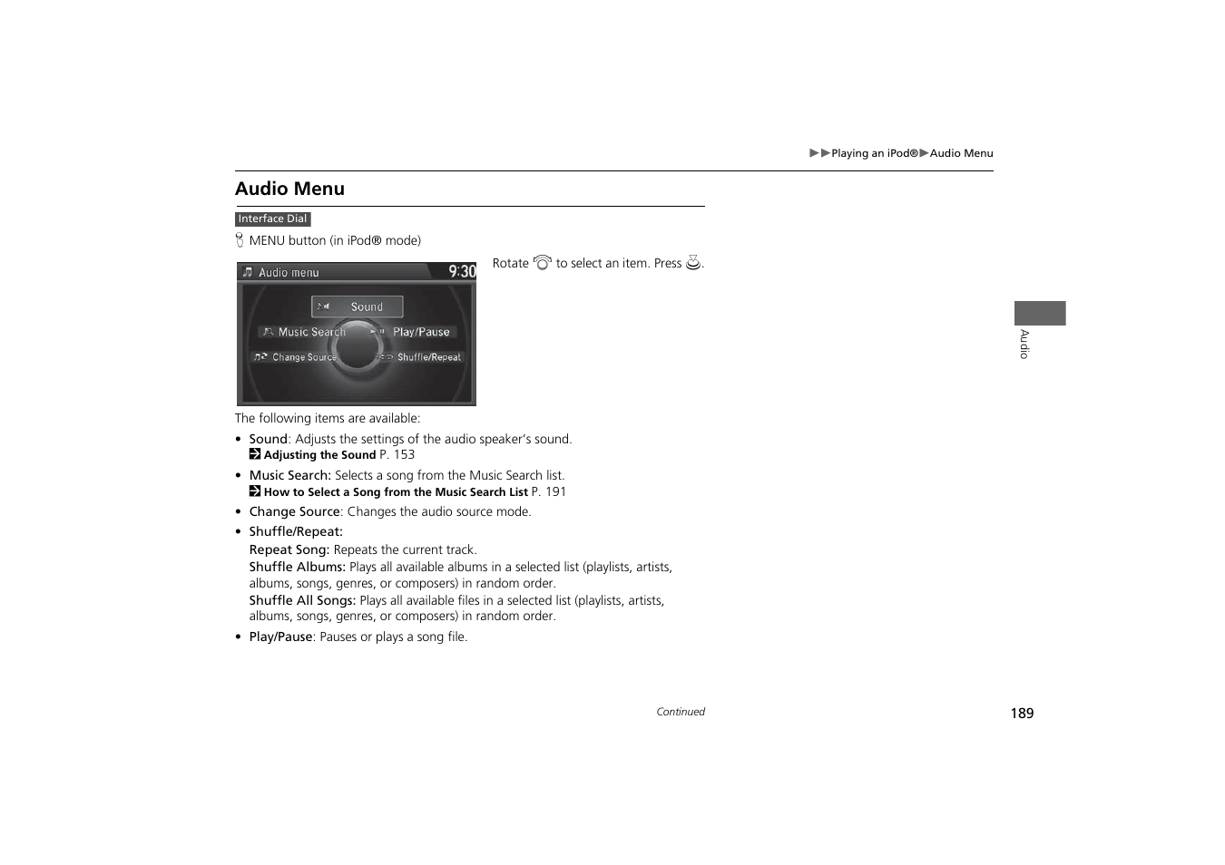 Audio menu, P. 189 | Acura 2015 MDX - Navigation Manual (With Software Update) Ver. ST03 User Manual | Page 190 / 349