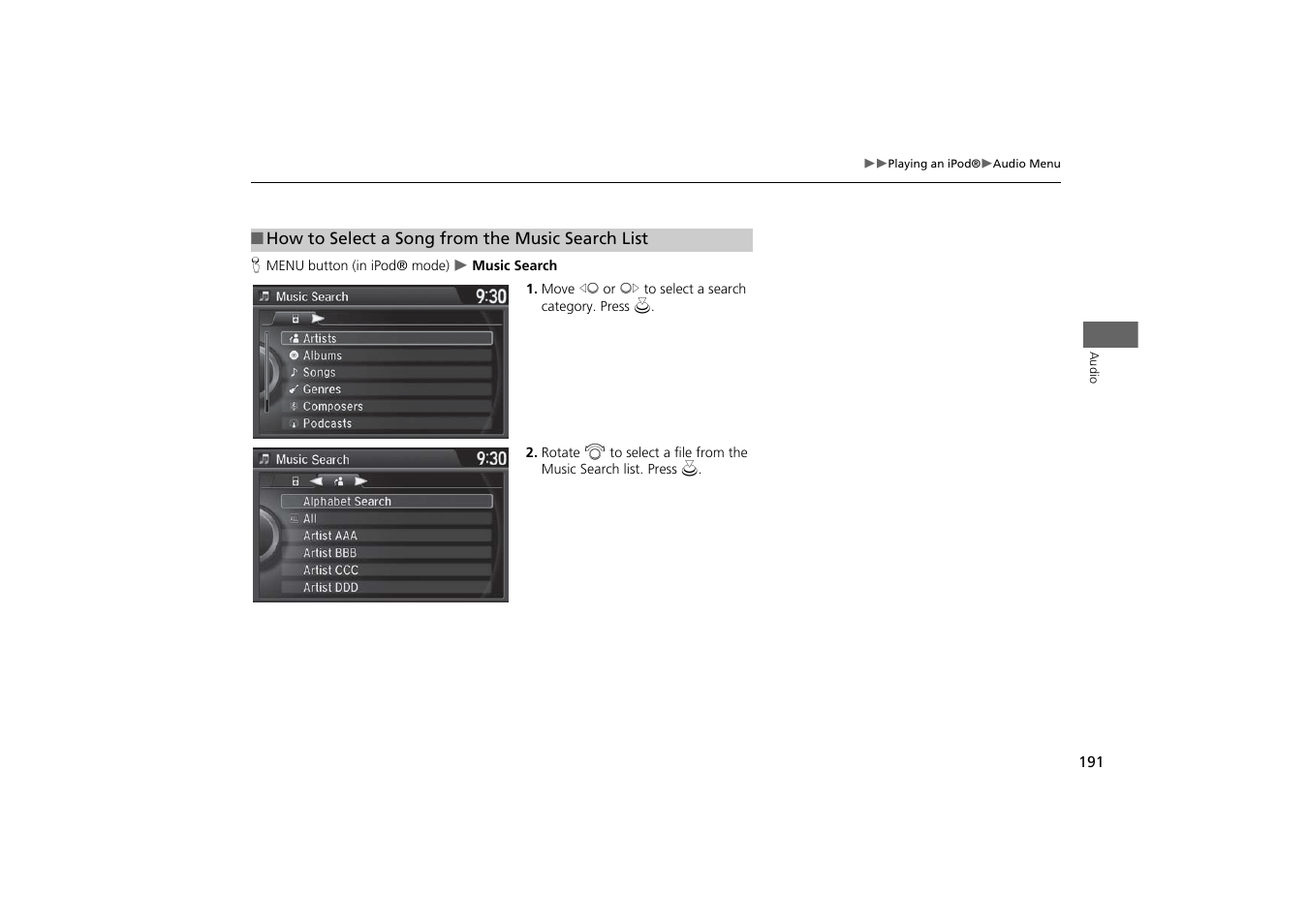 Ch list, How to select a song from the music search list, P. 191 | Acura 2015 MDX - Navigation Manual (With Software Update) Ver. ST03 User Manual | Page 192 / 349