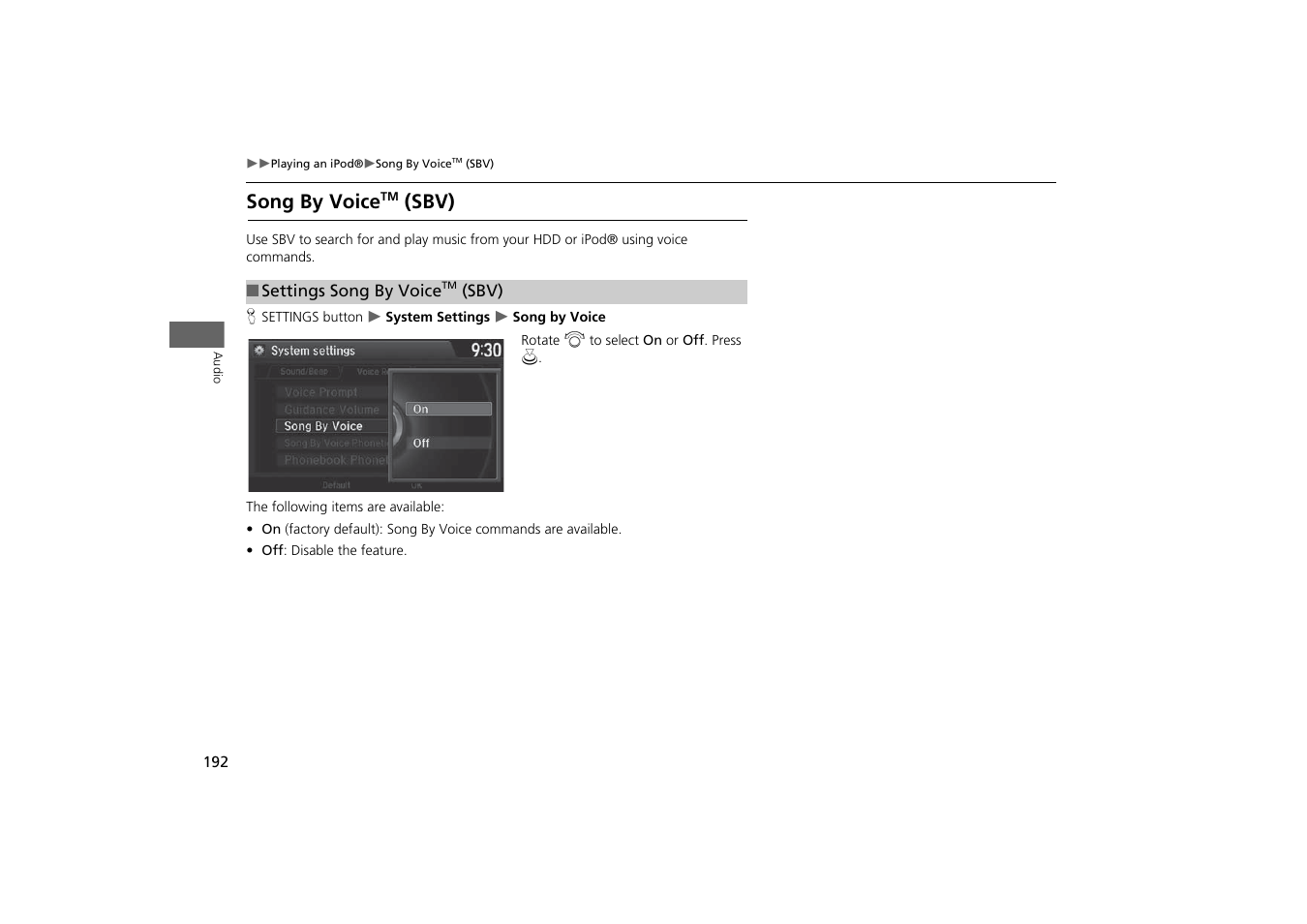 On or off, Song by voice, Sbv) | P. 192, 2 song by voice, Sbv) p. 192 | Acura 2015 MDX - Navigation Manual (With Software Update) Ver. ST03 User Manual | Page 193 / 349