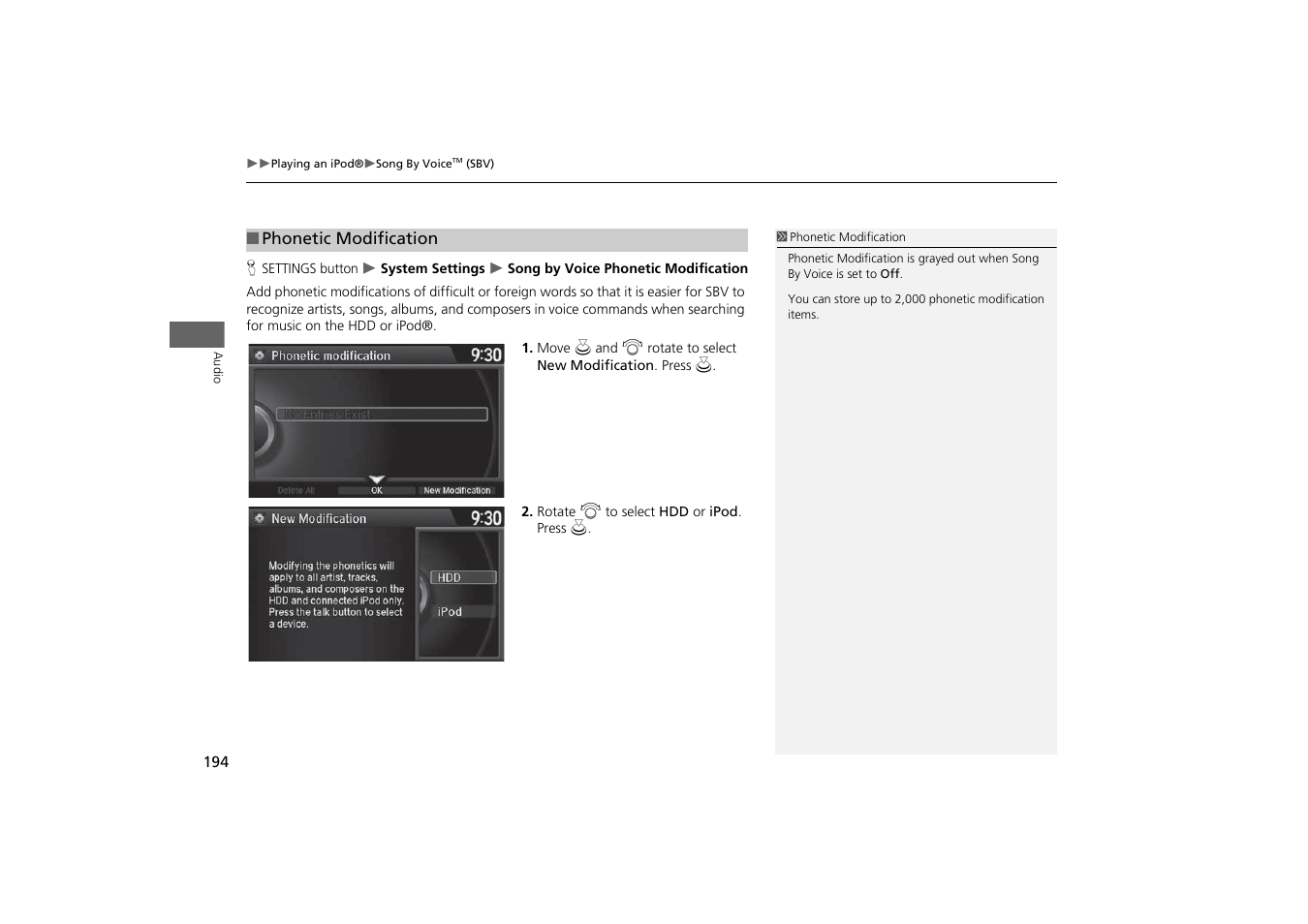 Stored in the hdd or an ipod®. 2, Phonetic modification, P. 194 | 2 phonetic modification p. 194 | Acura 2015 MDX - Navigation Manual (With Software Update) Ver. ST03 User Manual | Page 195 / 349