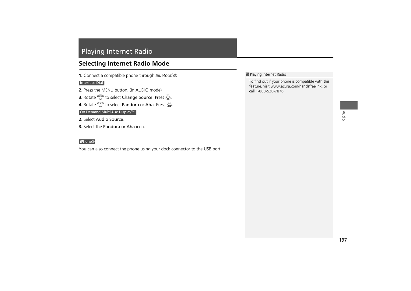 Playing internet radio 197, P197), Playing internet radio | Selecting internet radio mode | Acura 2015 MDX - Navigation Manual (With Software Update) Ver. ST03 User Manual | Page 198 / 349