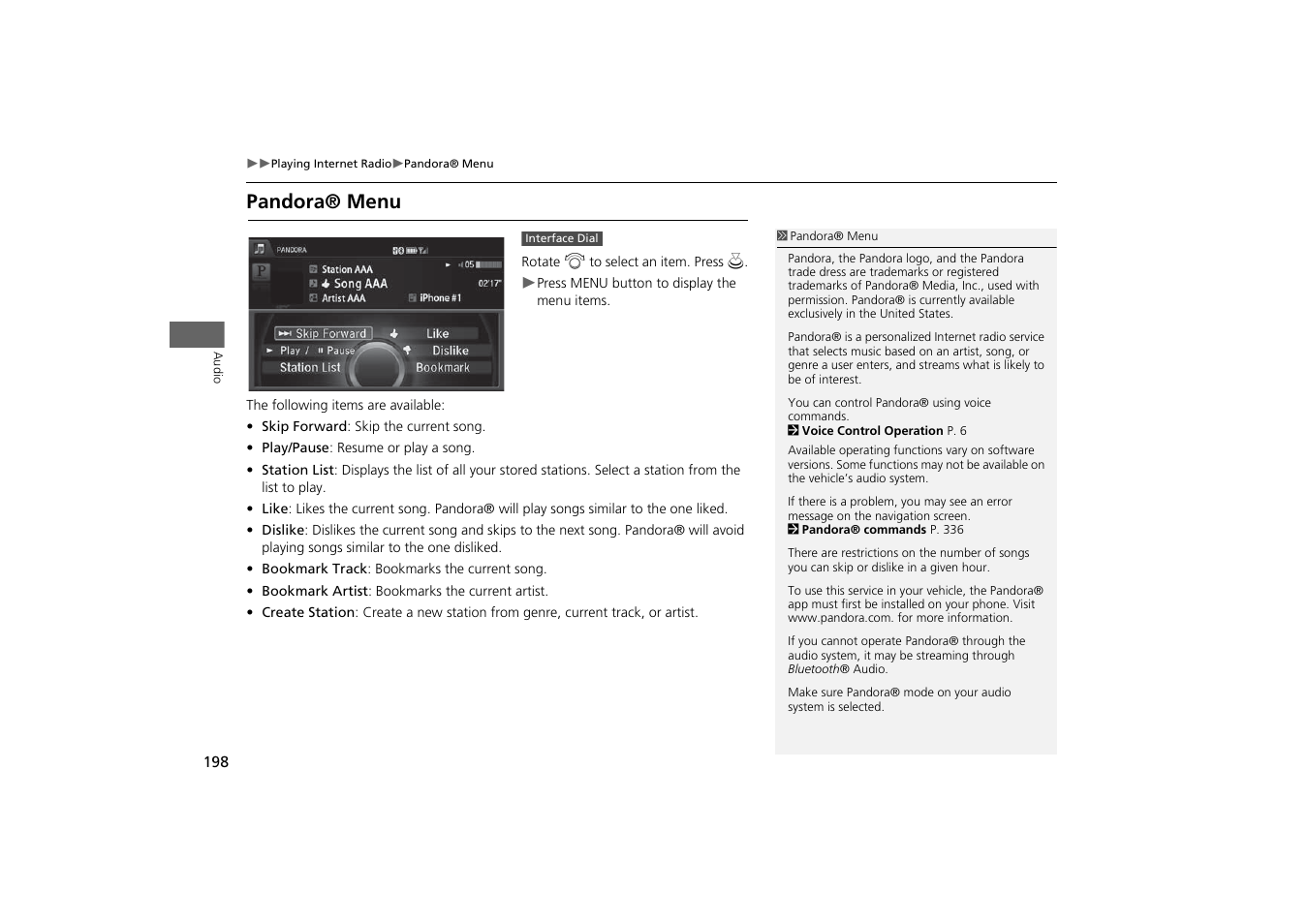 Pandora® menu | Acura 2015 MDX - Navigation Manual (With Software Update) Ver. ST03 User Manual | Page 199 / 349