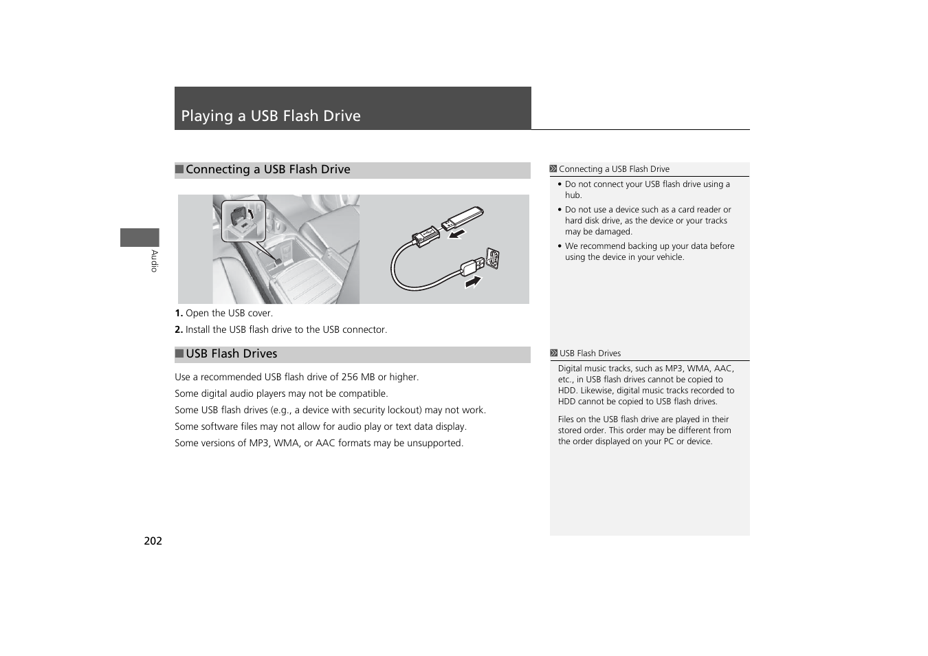 Playing a usb flash drive 202, P202), Playing a usb flash drive | Acura 2015 MDX - Navigation Manual (With Software Update) Ver. ST03 User Manual | Page 203 / 349