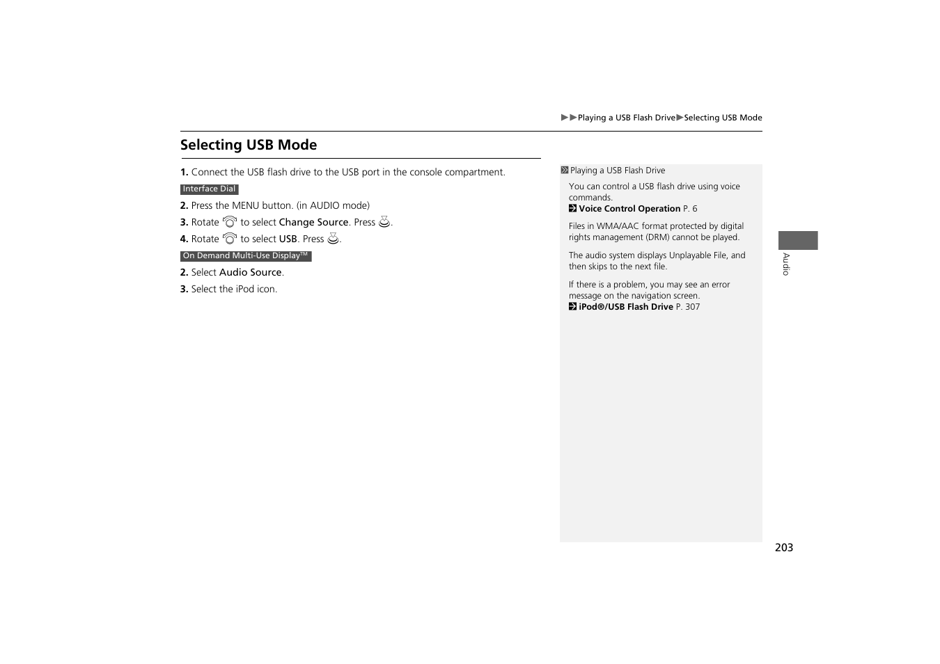 Selecting usb mode | Acura 2015 MDX - Navigation Manual (With Software Update) Ver. ST03 User Manual | Page 204 / 349