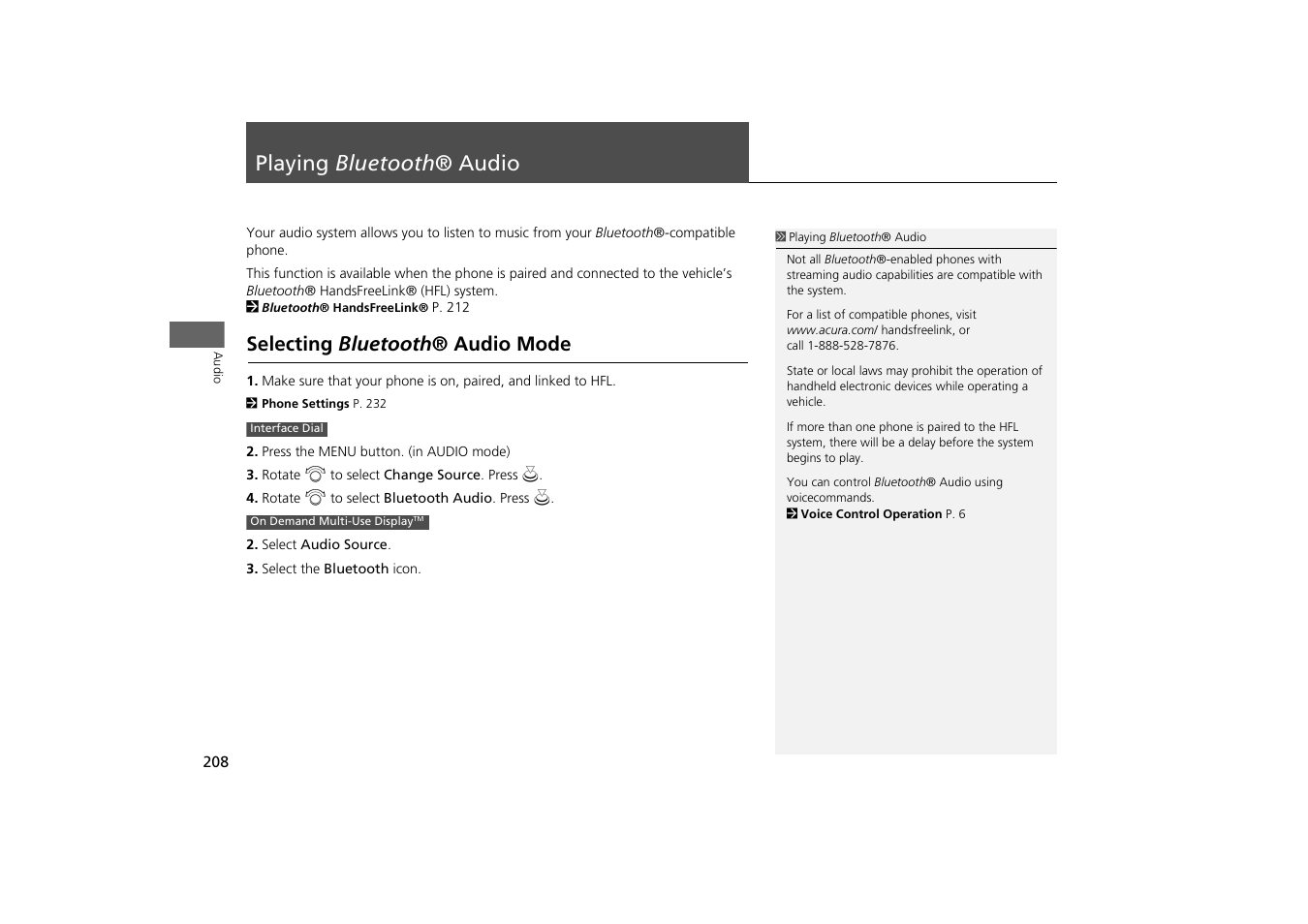 Playing bluetooth ® audio 208, P208), Playing bluetooth ® audio | Selecting bluetooth ® audio mode | Acura 2015 MDX - Navigation Manual (With Software Update) Ver. ST03 User Manual | Page 209 / 349
