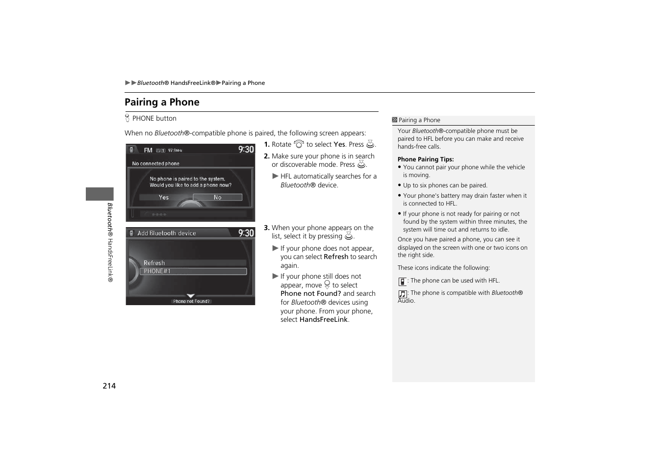 P214), Pairing a phone | Acura 2015 MDX - Navigation Manual (With Software Update) Ver. ST03 User Manual | Page 215 / 349