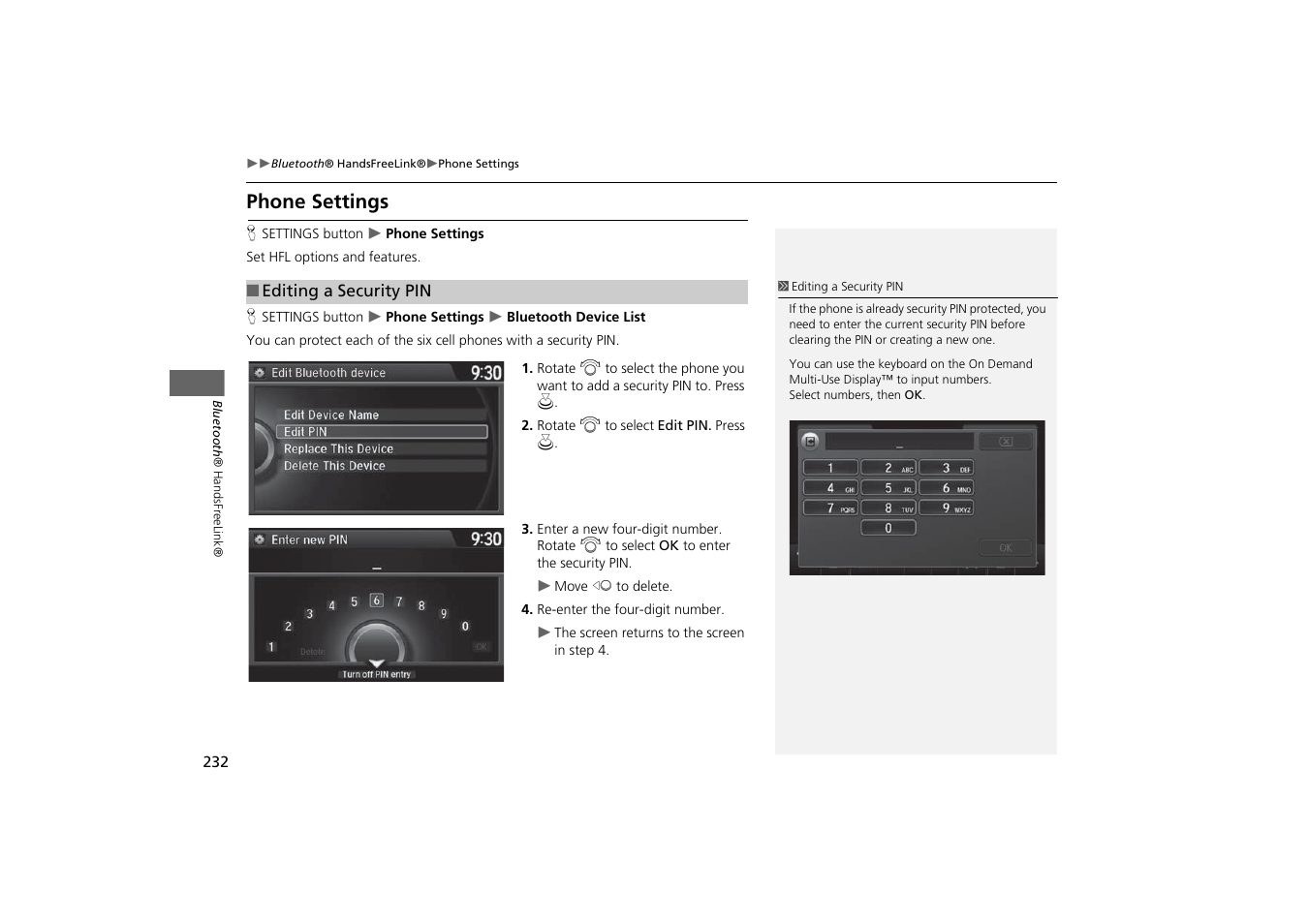 Phone settings p. 232, Phone settings | Acura 2015 MDX - Navigation Manual (With Software Update) Ver. ST03 User Manual | Page 233 / 349