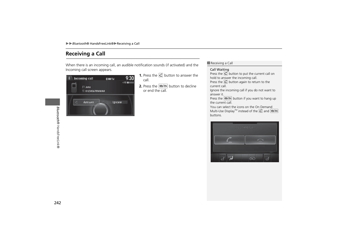 Receiving a call | Acura 2015 MDX - Navigation Manual (With Software Update) Ver. ST03 User Manual | Page 243 / 349