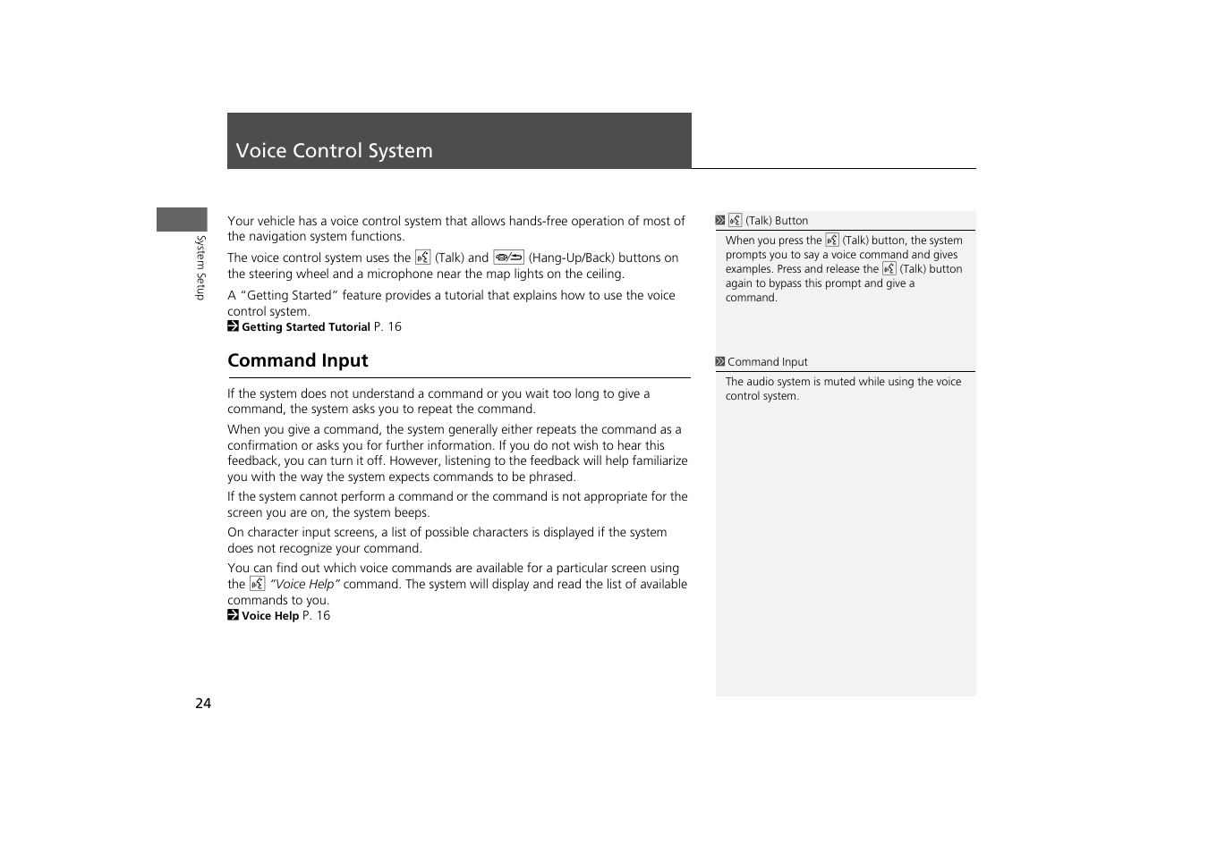 Voice control system 24, P24), Voice control system (p24) | Voice control system, Command input | Acura 2015 MDX - Navigation Manual (With Software Update) Ver. ST03 User Manual | Page 25 / 349